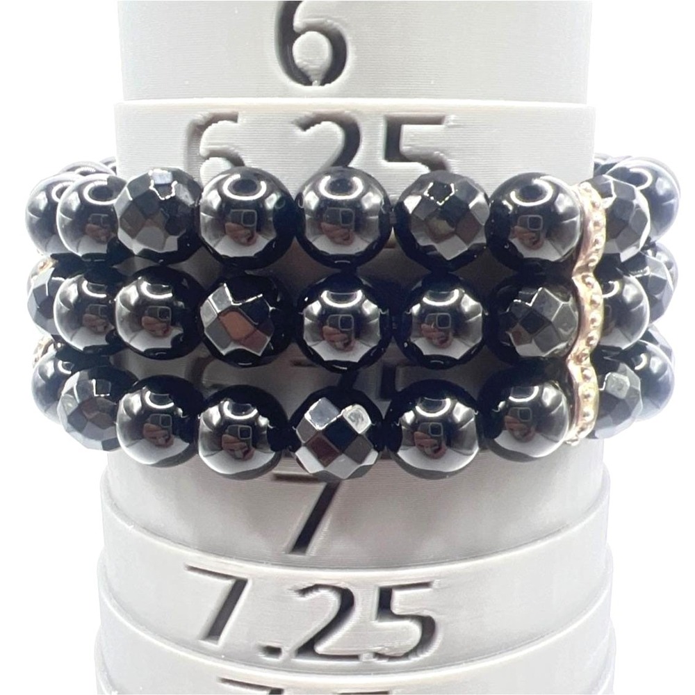 Whitney Kelly Sterling Onyx Bead‎ Bracelet 3 Strand Black Faceted Stretch 6.25"
